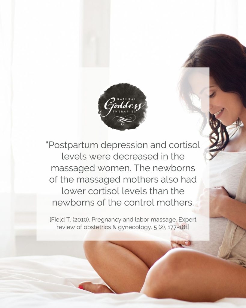 "Postpartum depression and cortisol levels were decreased in the massaged women. The newborns of the massaged mothers also had lower cortisol levels than the newborns of the control mothers.

[Field T. (2010). Pregnancy and labor massage. Expert review of obstetrics & gynecology. 5 (2), 177-181]